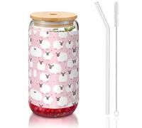 MDATT White Sheep On Pink Background Printing 16oz Drinking Glasses with Lids and Straws,Cute Water Glasses for Juice,Beer,Coffee,Tea