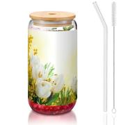 MDATT White Tulips Flowers Printing 16oz Drinking Glasses with Lids and Straws,Cute Water Glasses for Juice,Beer,Coffee,Tea