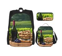 MDATT Wine Bottle Corks Grapes Backpacks Study Backpacks with Lunch Box Pencil Case Canvas Travel Bag for Elementary Student