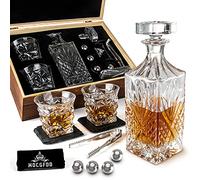 MDCGFOD Whiskey Set - 30oz Crystal Decanter, 2 Twisted Whiskey Glasses, 4 Stainless Steel Chilling Balls, Slate Coasters, Luxurious Wooden Box - Clear, Classic - 295.73ml