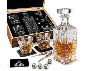 MDCGFOD Whiskey Set - 30oz Crystal Decanter, 2 Twisted Whiskey Glasses, 4 Stainless Steel Chilling Balls, Slate Coasters, Luxurious Wooden Box - Clear, Classic - 295.73ml
