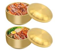 MDEOOSKY 2PCS 304 Stainless Steel Bowls with Lid, Double-Layer Anti-Scalding Design, Gold Metal Rice/Soup/Salad/Noodle Bowl for Kitchen & Restaurant, 4.52 inch