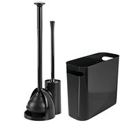 mDesign Compact Freestanding Plastic 2-in-1 Toilet Bowl Brush/Plunger and Wastebasket Garbage Can Combo Set for Bathroom Storage - Sturdy, Heavy Duty, Deep Cleaning - Set of 3 - Black