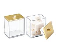 mDesign Cotton Pad Holder - Set of 2 - Plastic Cotton Bud Holder for Bathrooms and Bedrooms - Modern Bathroom Jar with Lid for Cosmetics and Beauty Products - Clear/Gold
