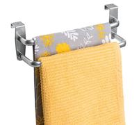 mDesign Double Tea Towel Holder for Hanging Over the Kitchen Cupboard Door - Towel Rack - No Drilling Necessary - Also Suitable as a Bath Towel Holder - Silver