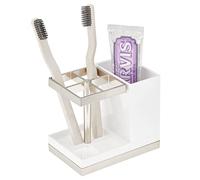 mDesign Free-Standing Toothbrush Holder - Toothbrush Stand with Toothpaste Compartment - Stylish and Practical Dental Care - White/Brushed Metal