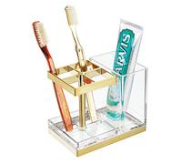 mDesign Free-Standing Toothbrush Holder - Toothbrush Stand with Toothpaste Compartment - Stylish and Practical Dental Care- Clear/Soft Brass