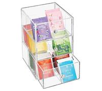 mDesign Kitchen Organiser with 3 Drawers - Storage Box for Tea Bags, Coffee Capsules, Sweeteners and More - Plastic Tea Chest with 18 Compartments - Clear