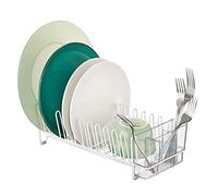 mDesign Kitchen Sink Dish Drainer - Small Metal and Plastic Dish Rack for Kitchen Sink - Dish Drying Rack with Drip Tray for Plates and Cutlery Basket - White/Clear