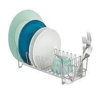 mDesign Kitchen Sink Dish Drainer - Small Metal and Plastic Dish Rack for Kitchen Sink - Ideal for Plates and Cutlery Basket - Chrome/Clear