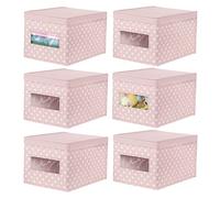 mDesign Large Soft Foldable Storage Cubes with Clear Window and Lid - Stackable Fabric Baby Nursery Organiser Boxes - Wardrobe, Toy, and Blanket Storage - Lido Collection - 6 Pack - Pink/White Polka
