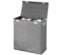 mDesign Laundry Basket - Designer Washing Basket for Bathroom or Bedroom - Collapsible Laundry Basket with Herringbone Pattern and Two Compartments - Charcoal/Black