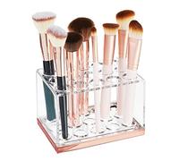 mDesign Makeup Brush Holder - Cosmetic Organiser for Dressing Tables and Countertops - Makeup Storage with 15 Compartments for Makeup and Powder Brushes - Clear/Rose Gold