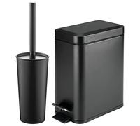 mDesign Metal Freestanding Slim Toilet Bowl Brush and Holder + Rectangle Narrow 5 Liter / 1.3 Gallon Step Pedal Trash Can Wastebasket for Bathroom - Small, Compact Design - Set of 2 - Black