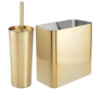 mDesign Modern Compact Freestanding MetalToilet Bowl Brush and Rectangle Open Wastebasket Garbage Can Combo Set for Bathroom Storage - Sturdy, Deep Cleaning - Set of 2 - Brass