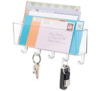 mDesign Modern Transparent Plastic Mail Rack with Key Hooks - Organizer for Mail, Letters, Keys, and Accessories - 27.3 cm x 6.1 cm x 11.2 cm