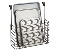 mDesign Over The Cupboard Hanging Storage Basket - Metal Bakeware Organiser and Cutting Board Holder - Excellent Kitchen Storage Solution - Bronze