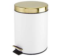 mDesign Pedal Bin - Metal Waste Bin with Pedal, Lid and Plastic Bucket Insert - Perfect for Bathroom, Kitchen, and Office - Household Rubbish Bin with Ergonomic Design - White/Gold