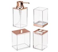mDesign Plastic Bathroom Vanity Countertop Accessory Set - Includes,Soap Dispenser, Toothbrush Holder, Lidded Canister, and Tumbler Rinsing Cup; Lumiere Collection - Set of 4 - Clear/Rose Gold