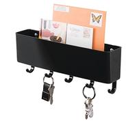 mDesign Plastic Wall Mount Mail and Key Holder with 5 Hooks, Hanger Rack Shelf for Home Entryway, Mudroom, Kitchen, Hold Letters, Cards, Magazines, Coats, Umbrellas, Ligne Collection - Black