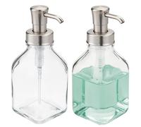 mDesign Set of 2 Refillable Soap Dispenser - Large Liquid Hand Soap Dispenser - Square Plastic and Glass Soap Dispenser - Kitchen and Bathroom Accessories - Clear/Brushed Nickel