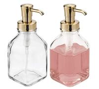 mDesign Set of 2 Refillable Soap Dispenser - Large Liquid Hand Soap Dispenser - Square Plastic and Glass Soap Dispenser Kitchen and Bathroom Accessories - Clear/Soft Brass