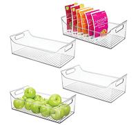 mDesign Set of 4 Plastic Storage Box - Long Open-Top Refrigerator Storage Tray with Handle - Clear