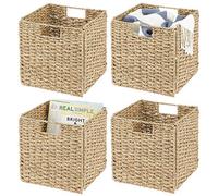 mDesign Set of 4 Storage Basket - Foldable Water Hyacinth Storage Box - Basket Storage Unit Ideal for Storing Clothes, Toys or Magazines - with Wickerwork Pattern - Natural/Tan