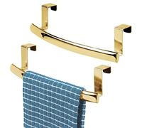 mDesign Steel Over Door Curved Towel Bar Storage, Hanger for Cabinet or Cupboard, Holder Rack for Kitchen, Bathroom - Holds Hand/Dish Towels, Washcloths - Spira Collection - 2 Pack - Soft Brass