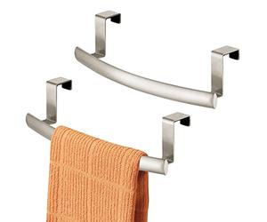 mDesign Steel Over Door Curved Towel Bar Storage, Hanger for Cabinet or Cupboard, Holder Rack for Kitchen, Bathroom - Holds Hand/Dish Towels, Washcloths - Spira Collection - 2 Pack - Satin