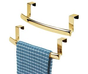 mDesign Steel Over Door Curved Towel Bar Storage, Hanger for Cabinet or Cupboard, Holder Rack for Kitchen, Bathroom - Holds Hand/Dish Towels, Washcloths - Spira Collection - 2 Pack - Soft Brass