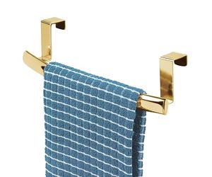 mDesign Steel Over Door Curved Towel Bar Storage, Hanger for Cabinet or Cupboard, Holder Rack for Kitchen, Bathroom - Holds Hand/Dish Towels, Washcloths - Spira Collection - Soft Brass