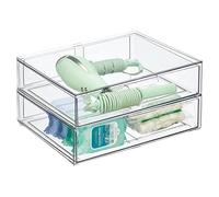 mDesign Storage Box - Deep Stackable Plastic Container with Pull-Out Drawer - Bathroom Organiser Box for Toiletries, Makeup and Beauty Products - Pack of 2 - Clear