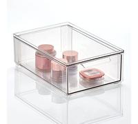 mDesign Storage Box - Deep Stackable Plastic Container with Pull-Out Drawer - Bathroom Organiser Box for Toiletries, Makeup and Beauty Products - Clear