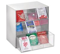mDesign Storage Box for Teabags, Coffee Pods, Sugar and More - Plastic Tea Chest with 27 Compartments - Kitchen Organiser with 3 Drawers - Light Grey/Clear