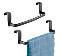 mDesign Tea Towel Holder - Over Door Towel Rail with No Drilling Required - Kitchen Towel Holder - Storage for Kitchens and Bathrooms - Pack of 2 - Matte Black