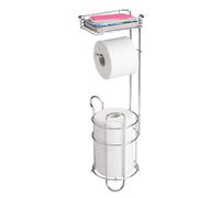 mDesign Toilet Paper Holder Without Drilling - Bathroom Accessories - Loo Roll Holder for The Bathroom - Standing Toilet Roll Holder with Brush and Shelf - Silver