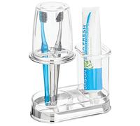 mDesign Toothbrush Holder Set - Storage Stand for Holding Bathroom Accessories - Toothpaste and Toothbrush Holder with Cover/Tumbler - Clear/Silver