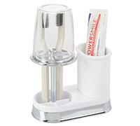 mDesign Toothbrush Holder with Tumbler - Quality Toothbrush Glass with Lid for Bathroom - Plastic Toothbrush and Toothpaste Storage - White & Silver