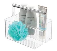 mDesign Under Sink Storage - Plastic and Metal Bathroom Caddy for Shampoo and Soaps - Portable Cosmetics Storage Organiser - Clear/Silver