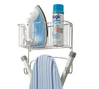 mDesign Wall Mounted Ironing Board Holder - Steel Ironing Board Rack for Easy Organisation - Includes Basket for Iron Storage - Chrome Finish