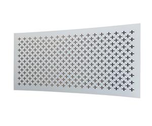 MDF Decorative Radiator Panel/Cover. Primed White on one side. 3mm MDF Panel. Fluer de Lis Pattern. CNC Cut. UK Manufactured by Vesey Gallery. 1215 x 610mm. Design Apertures are 35mm x 35mm Aprox.