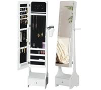 HOMCOM Freestanding Mirror Hidden Jewellery Storage With Adjustable Brightness LED Lights And Drawer White, White