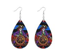 MDF Wood Earrings Round Leaf Shape Double Sided Printing Comfortable to Wear For Women, watertrop, Wood Metal, No Gemstone