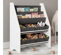 MDF Wood & Fabric Kids Book & Toy Organizer with Display Shelves - Compact 74cm Tall, Safe Edges