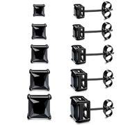 MDFUN 5 Pairs Stud Earrings Set for Men 3-7MM 316L Stainless Steel/Brass Round & Square Crystal Ear Piercing Black Plated Hypoallergenic Earring Jewelry, Square, Stainless Steel, crystal