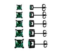 MDFUN 5 Pairs Stud Earrings Set for Men 3-7MM, ROUND, Stainless Steel, Created Emerald