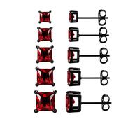 MDFUN 5 Pairs Stud Earrings Set for Men 3-7MM, Square, Stainless Steel, Created Ruby