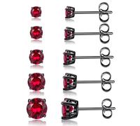 MDFUN 5 Pairs Stud Earrings Set for Men Black Gold Plated 3-7MM Round & Square Crystal Ear Piercing Hypoallergenic Jewelry Women, Stainless Steel, Created Ruby