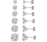 MDFUN 6 Pairs Stud Earrings Set 3-8MM Hypoallergenic 316L Surgical Stainless Steel 5 Cubic Zirconia 18K White/Yellow/Black Gold Plated Earrings Set for Men Women, 3-8MM, Stainless Steel, Cubic
